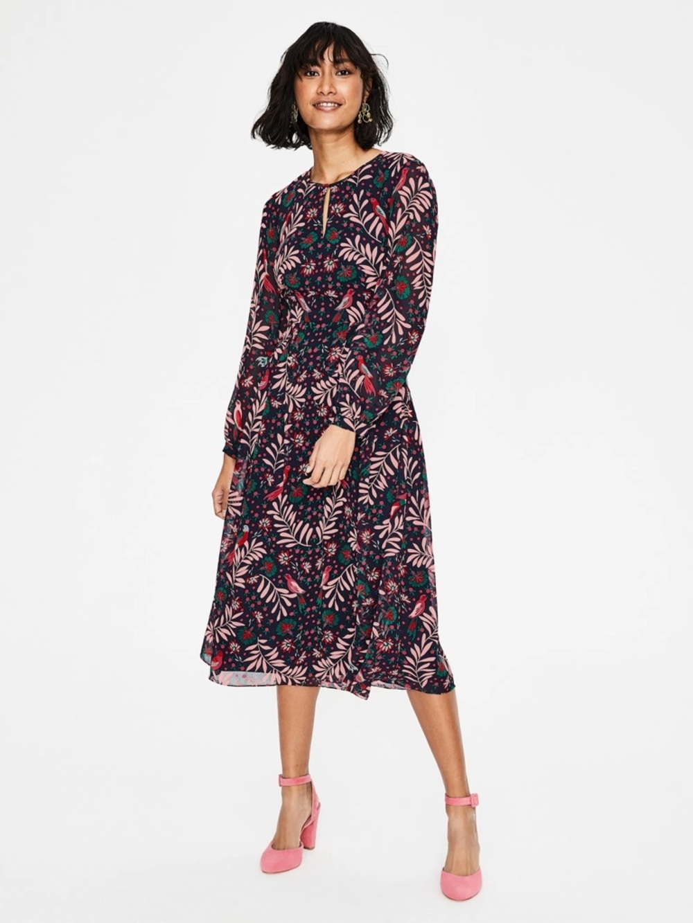Boden flowy airy floral parrot navy Ada midi dress pouf sleeves 6P tropical prep - Picture 3 of 9